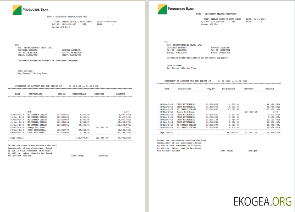 Modèle Word et PDF de relevé de la Philippines Producers Bank, 2 pages
